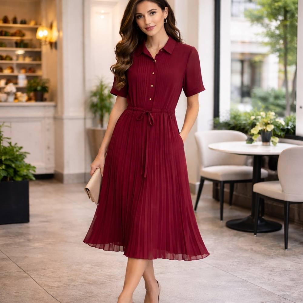 Wldrsd Pleated Midi Shirt Dress XL Burgundy Button Front Lined NWT